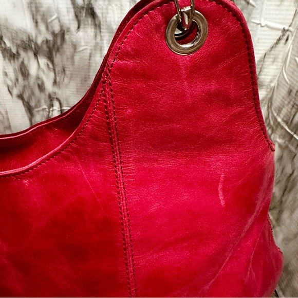Plinio Visona Vibrant Pink Leather Shoulder Bag Red Suede Panel Large Hobo - Picture 8 of 16
